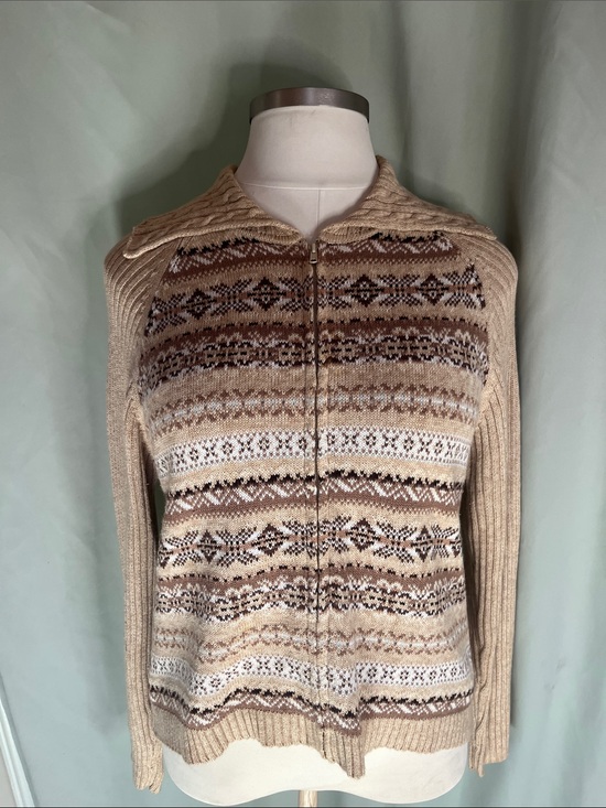 Tiara Sweaters - Tiara International Beige Fair Isle Zip Cardigan Sweater XL